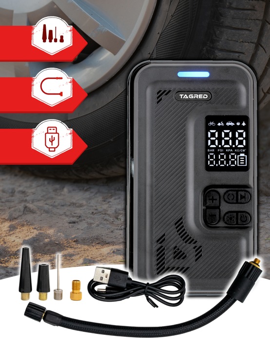 KOMPRESOR SAMOCHODOWY Pompka Elektryczna Sprężarka do kół 8V 4000mAh LCD