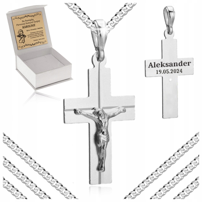 SREBRNY ŁAŃCUSZEK PANCERKA + KRZYŻYK Z JEZUSEM NA KOMUNIĘ CHRZEST + GRAWER