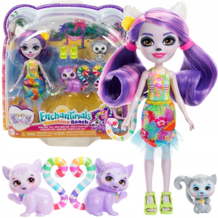 ZESTAW ENCHANTIMALS RODZINA LEMURÓW LALKA LORINDA LEMUR 3 FIGURKI ZWIERZĘTA
