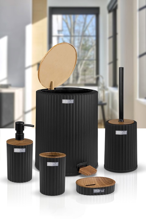 Zestaw łazienkowy 5 elementów Coliseum komplet do WC czarny drewno kosz