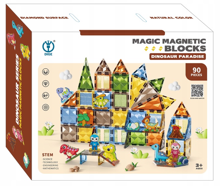 Klocki Magnetyczne Diamentowe Dinozaury 90 el Zestaw Konstrukcyjny dla