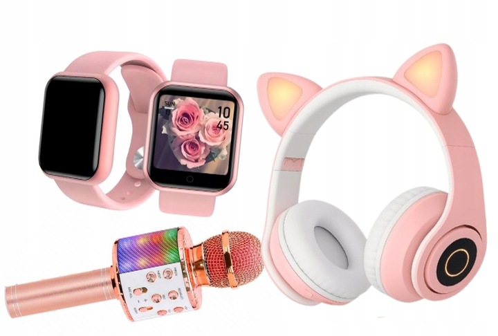 RÓŻOWY SMARTWATCH W KOMPLECIE 3w1 Z MIKROFONEM DO KARAOKE + SŁUCHAWKAMI