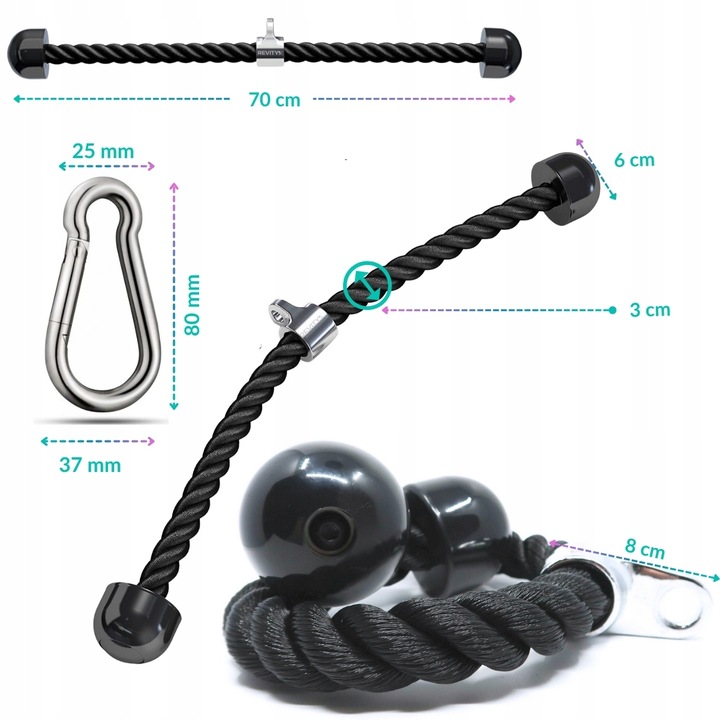 SZNUR UCHWYT DO WYCIĄGU LINA NA TRICEPS MASYWNA I SOLIDNA Z KARABIŃCZYKIEM