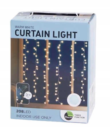 Kurtyna świetlna 208 LED zewnętrzna ciepły biały 2.4x1.4m TIMER