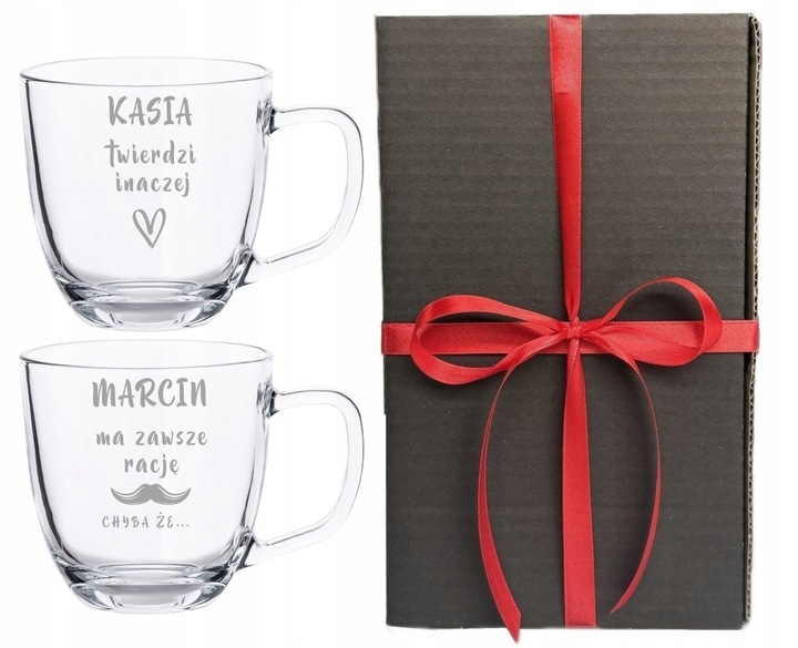 2 Duże Szklane Kubki Grawer LOGO 420ml Prezent dla pary Walentynki WZORY