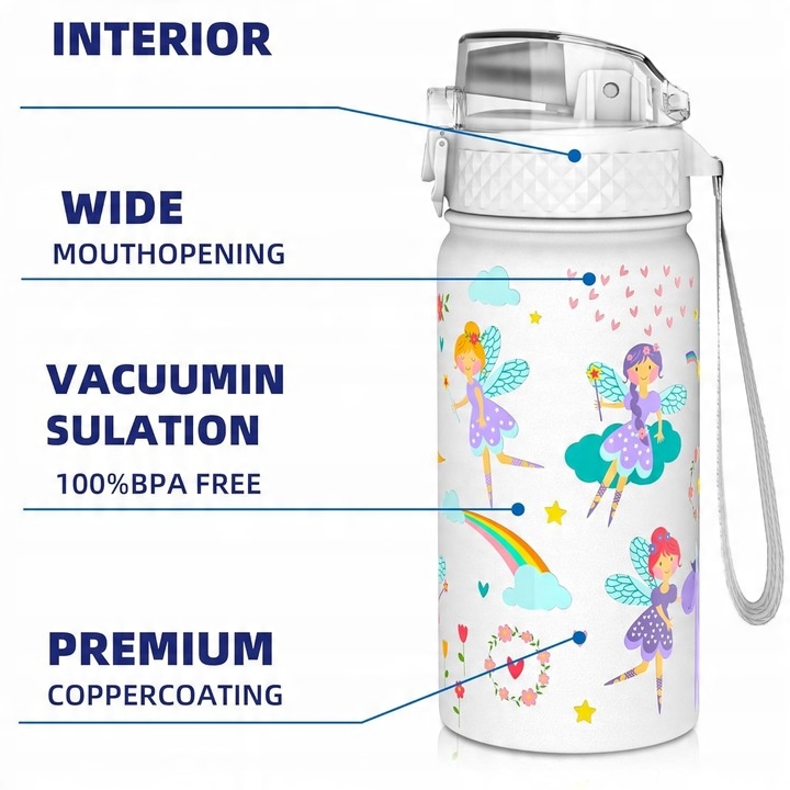 Butelka Do Picia Dla Dzieci Na Gorące i Zimne Napoje 420ml Biała we Wróżki