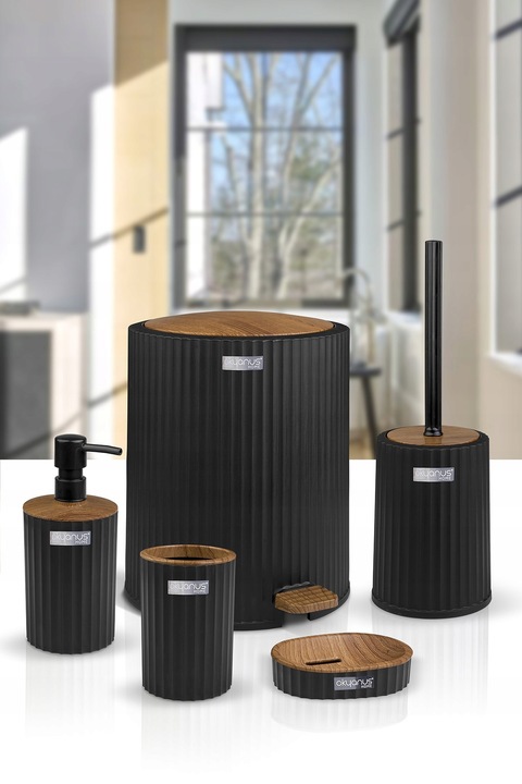 Zestaw łazienkowy 5 elementów Coliseum komplet do WC czarny drewno kosz