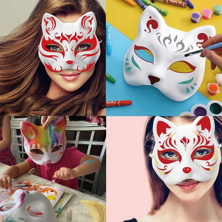 10× DIY PUSTE, RĘCZNIE MALOWANE MASKI MASKA KOT + 2× PĘDZLE + 12× FARBA