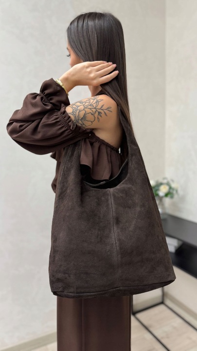 Laura Biaggi torebka shopper skóra naturalna zamszowa brązowy na ramię