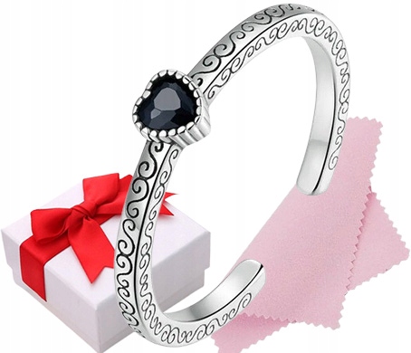 Pierścionek Czarne Serce srebro regulowany s925 +pudełko