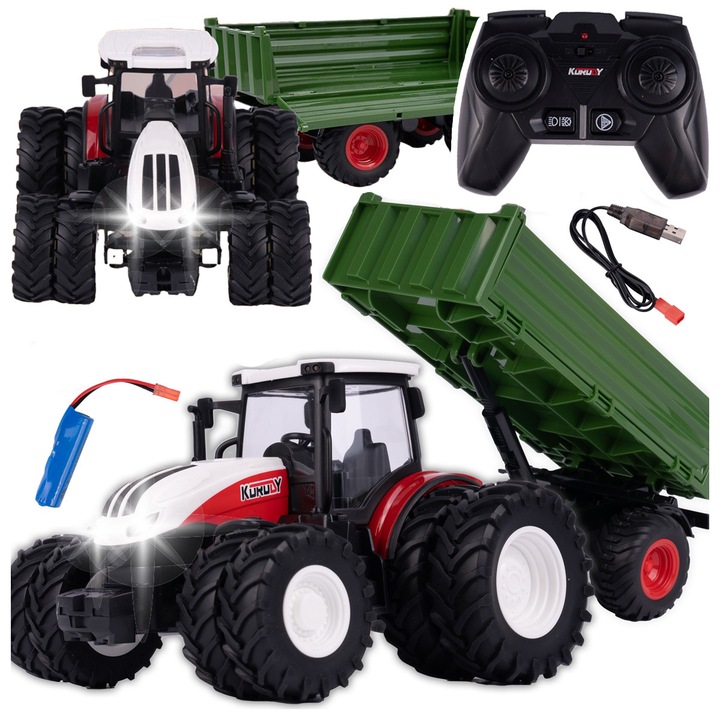 TRAKTOR ZDALNIE STEROWANY DUŻY Z PRZYCZEPĄ RC CIĄGNIK 42cm ładowanie USB