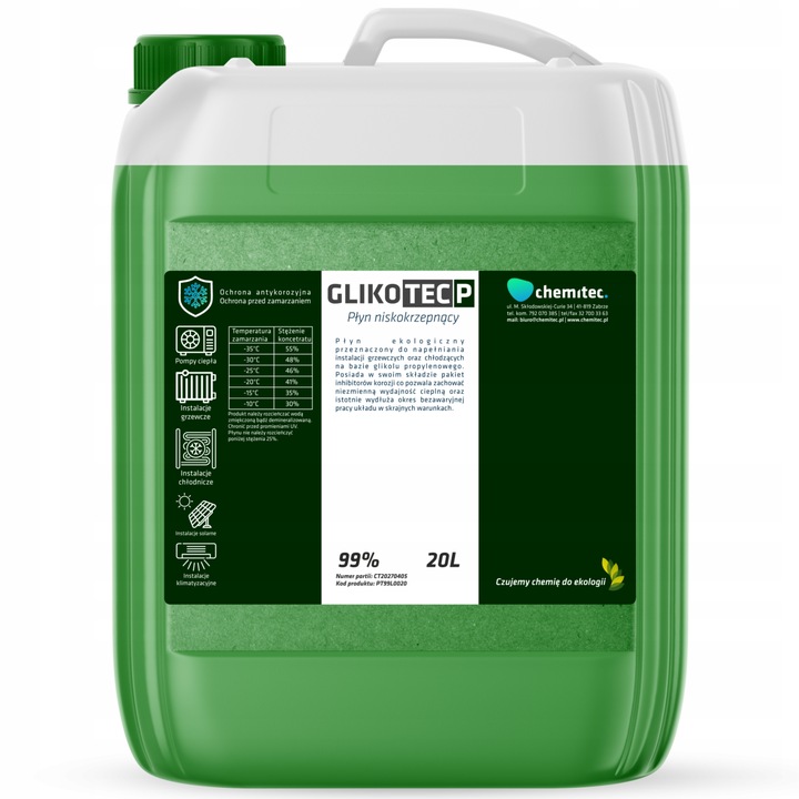 Glikol Propylenowy 99% Koncentrat -70°C 20L Zielony CO Solary Pompa Ciepła