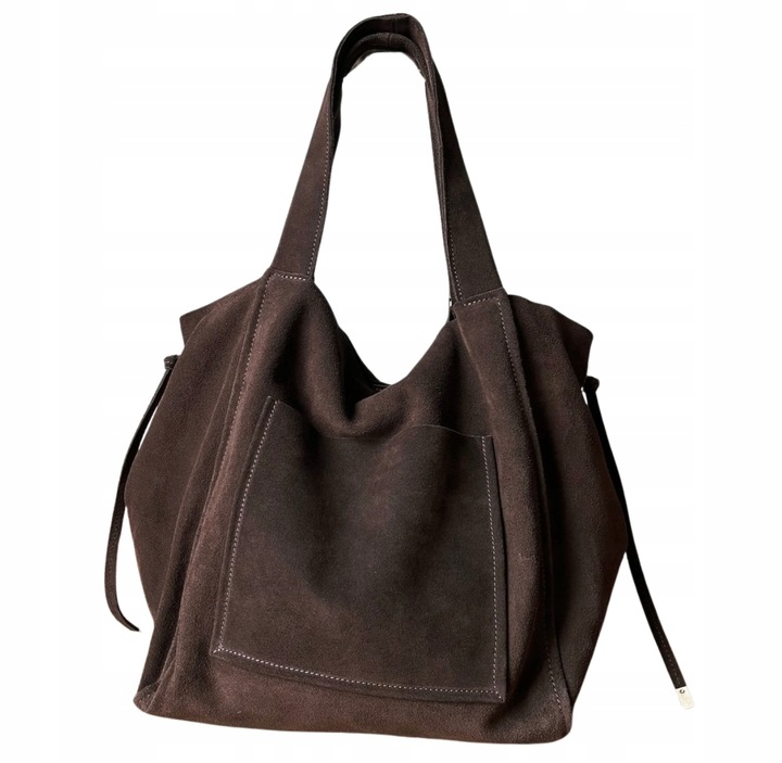 Czekoladowa zamszowa torebka shopper worek XL ZAMSZ NATURALNY Vera Pelle A4