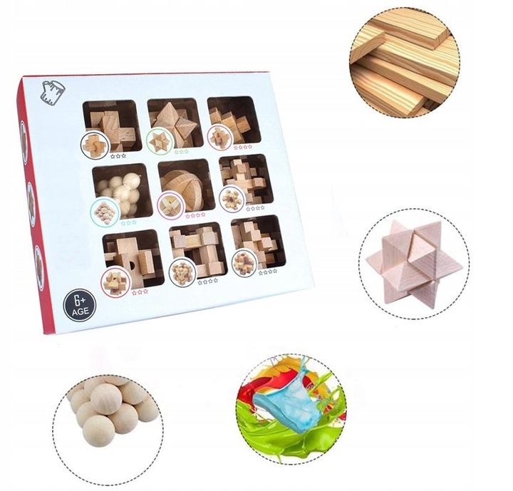 Zestaw Drewnianych klocków 3D Łamigłówek 9w1 gra| Puzzle Logiczne IQ (B017)