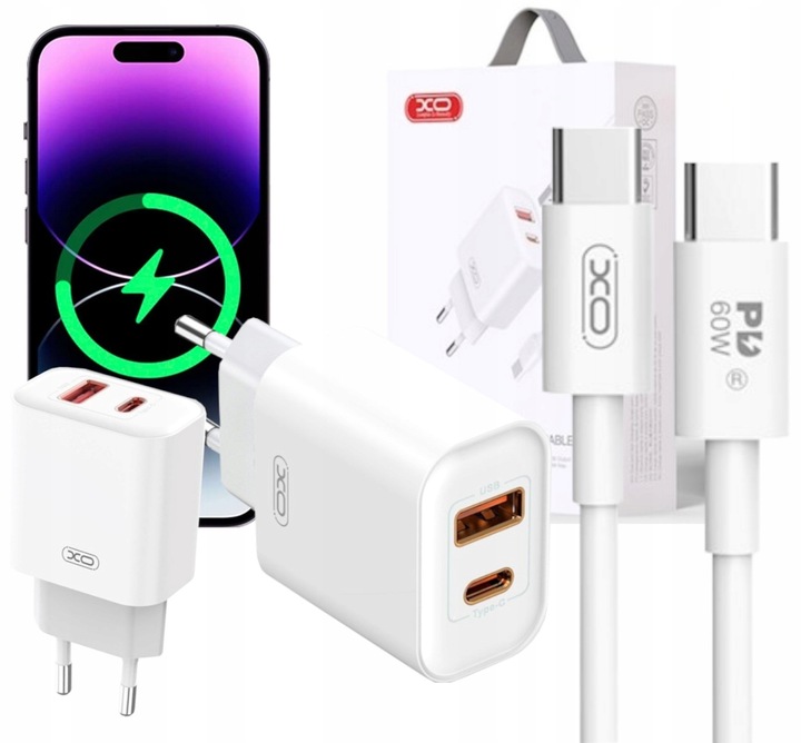 ZESTAW | SZYBKA ŁADOWARKA SIECIOWA PD TYPE-C| QC3.0 USB + KABEL TYPE C 60W