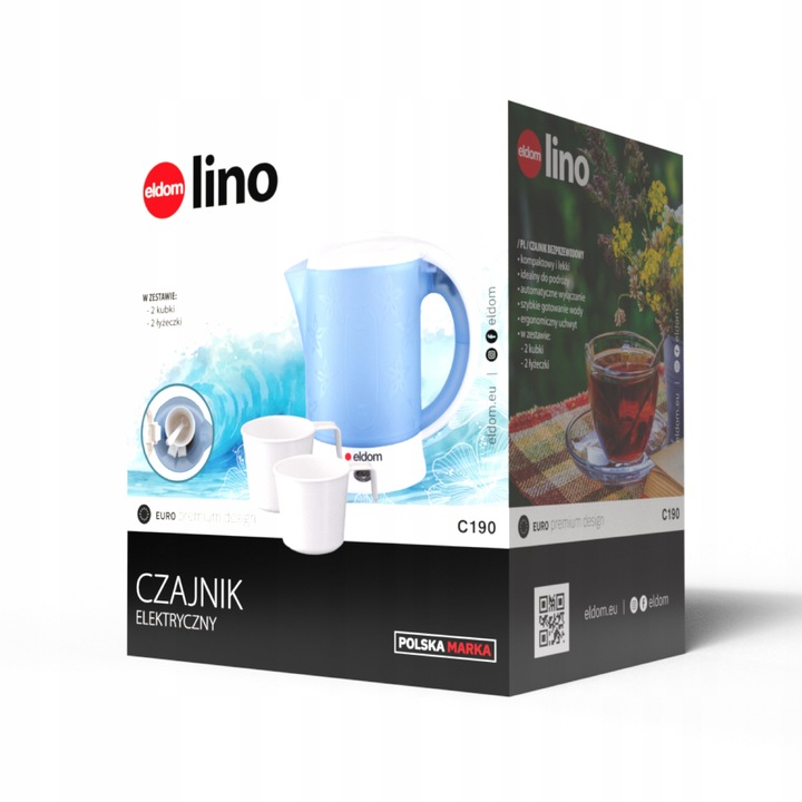 Czajnik elektryczny turystyczny 650W Eldom 0,6L mały podróżny plus 2 kubki
