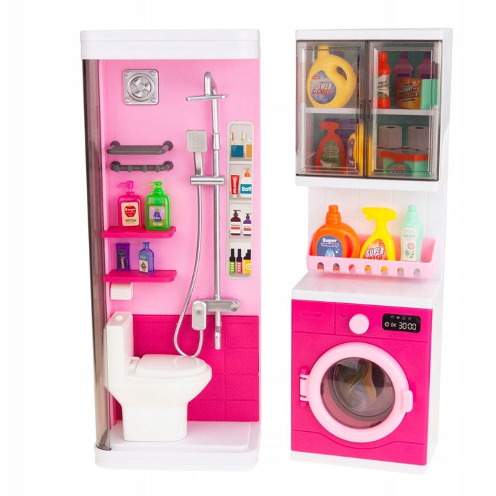 ŁAZIENKA Z AKCESORIAMI PRYSZNIC WC PRALKA ZESTAW ŁAZIENKOWY DLA DZIECI