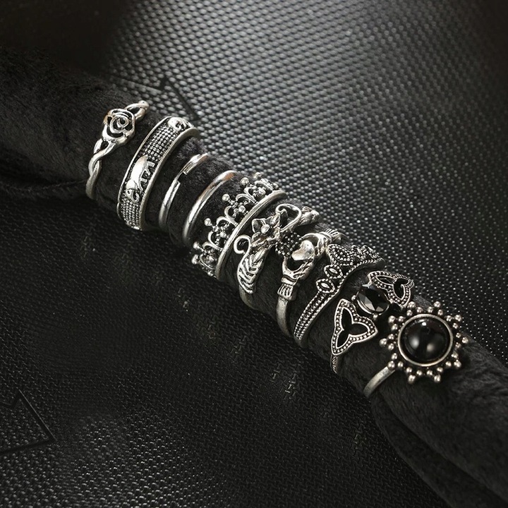 Srebrny ZESTAW PIERŚCIONKÓW RETRO PUNK BOHO 09