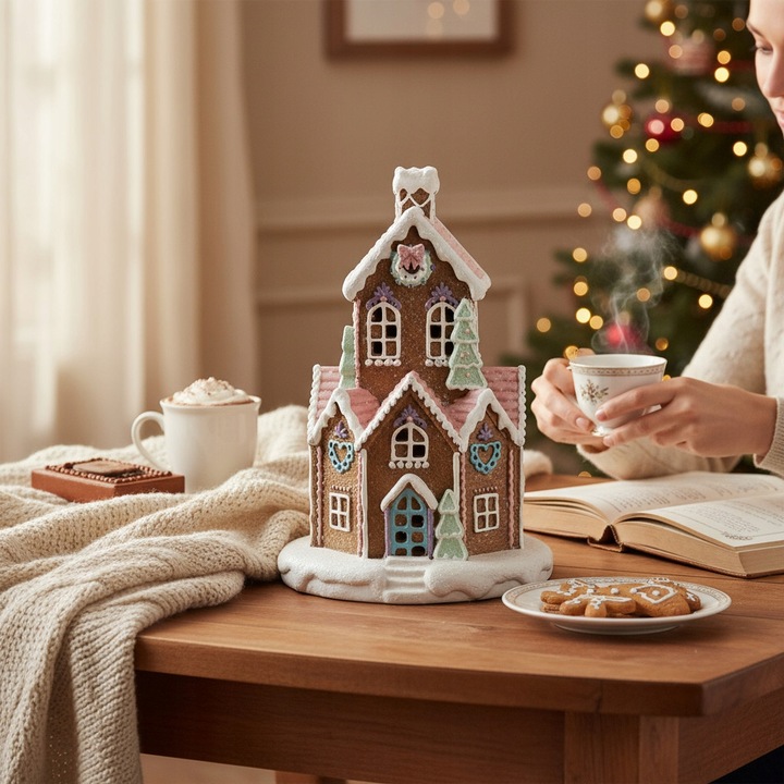 Świąteczny Domek Chatka Gingerbread z PASTELOWY domek LED - 21CM PREZENT