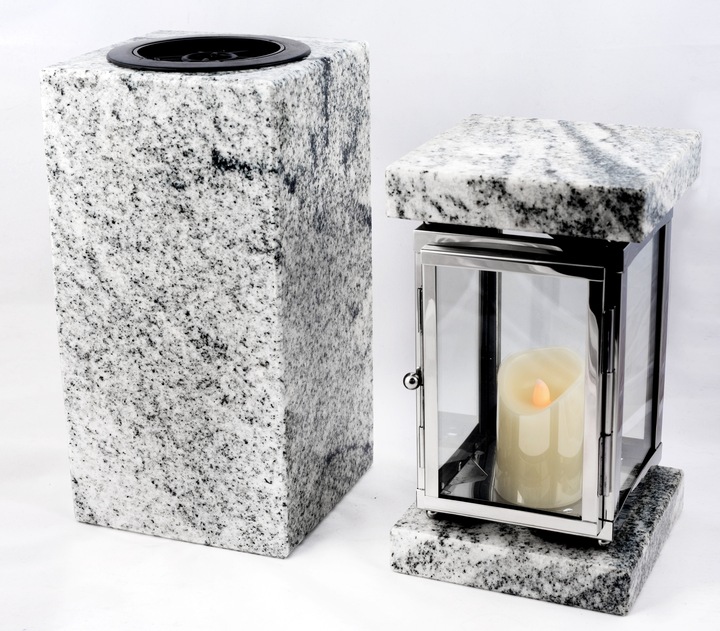 Lampion znicz nagrobny na pomnik srebrny stal nierdzewna + czarny granit