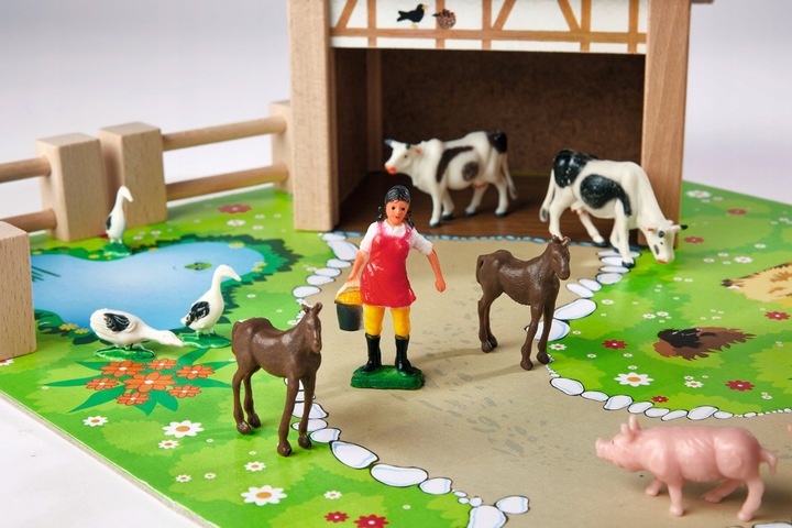 DUŻA DREWNIANA FARMA ZAGRODA + FIGURKI ZWIERZĄT KONIE ŚWINKI STAJNIA 25 EL.