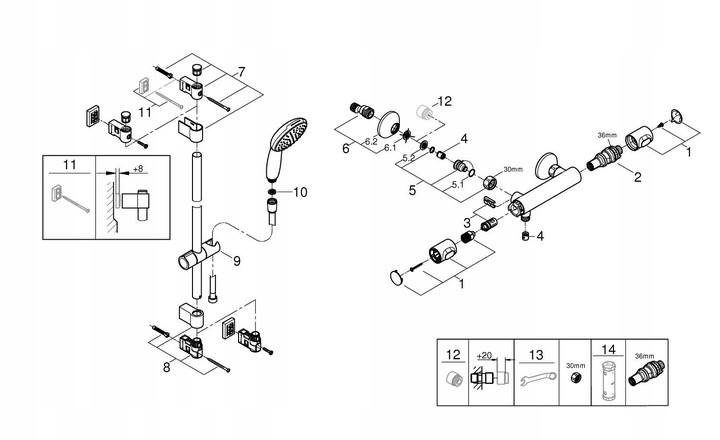 Zestaw prysznicowy GROHE Bateria Termostat Drążek Słuchawka Chrom 34800001