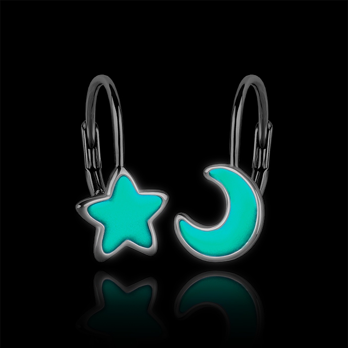 KOLCZYKI SREBRNE DLA DZIEWCZYNKI ŚWIECĄCE W CIEMNOŚCI GWIAZDKA KSIĘŻYC 925