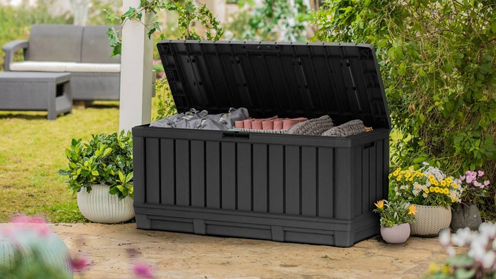 KETER KENTWOOD 350L SKRZYNIA OGRODOWA ANTRACYT SCHOWEK SIEDZISKO POJEMNIK
