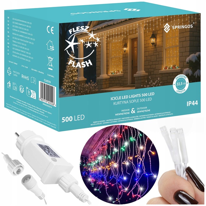 KURTYNA GIRLANDA SOPLE LAMPKI 500 LED 22,5M MULTIKOLOR + FLASH OŚWIETLENIE