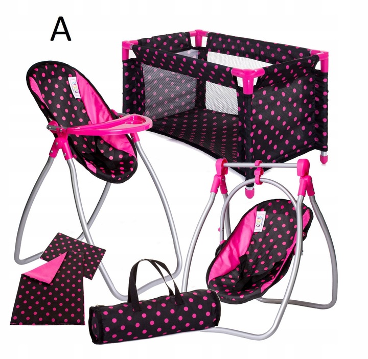 Zestaw dla lalek ŁÓŻECZKO + KRZESEŁKO do karmienia dla laki HUŚTAWKA 2w1