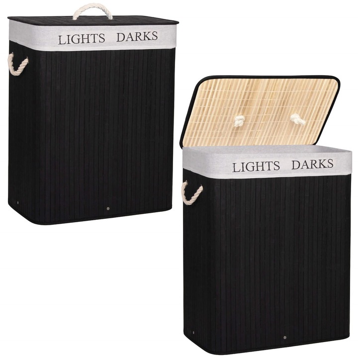 KOSZ BAMBUSOWY NA PRANIE BIELIZNĘ DWUKOMOROWY Z POKRYWĄ POJEMNIK DUŻY 100L