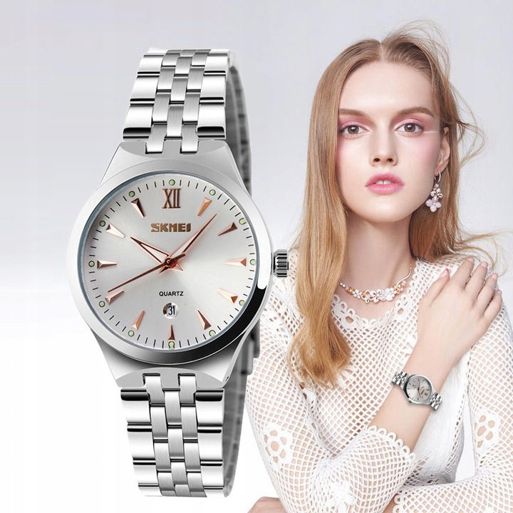 Zegarek damski klasyczny bransoleta srebrny datownik elegancki