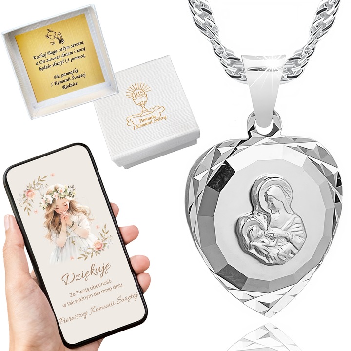 Łańcuszek srebrny medalik komunijny serce 925 Matka Boska na komunię 45 cm