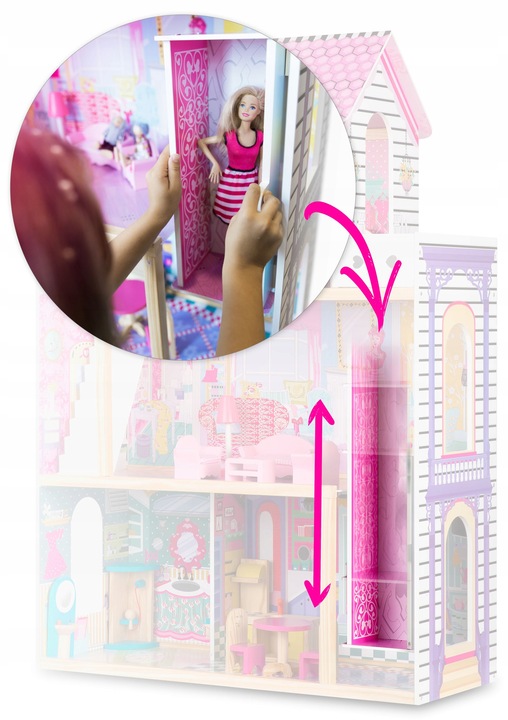 XXL DUŻY DREWNIANY RÓŻOWY DOMEK DLA LALEK MEBLE WINDA AKCESORIA LED