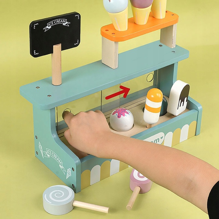 LODZIARNIA DLA DZIECI WITRYNA Z LODAMI STOISKO DREWNIANY SKLEPIK DLA DZIECI