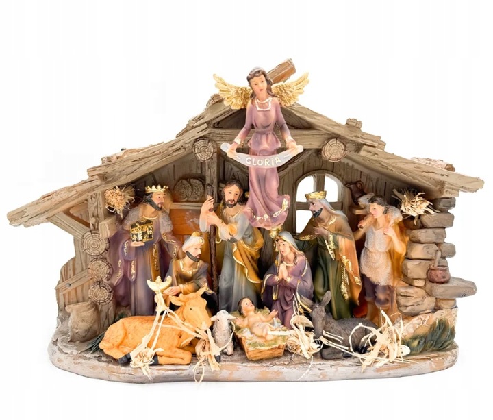 SZOPKA BOŻONARODZENIOWA KAMIENNA 38 CM Z OŚWIETLENIEM I FIGURAMI STAJENKA