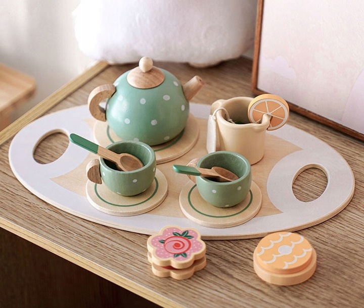 SERWIS KAWOWY HERBACIANY DREWNIANY ZESTAW DO HERBATY DLA DZIECI CZAJNIK 15e