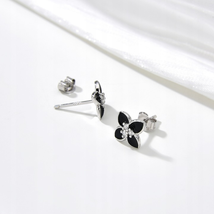Srebrne kolczyki wkrętki kwiatki czarne sztyfty kolczyki srebro rodowane