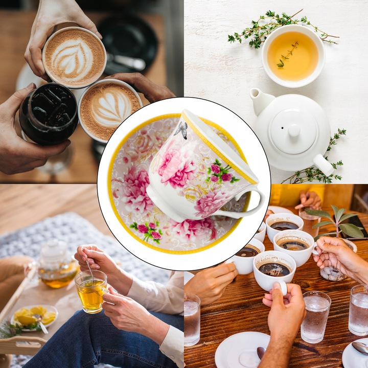 2x FILIŻANKA ZE SPODKIEM KWIATY 250ml do KAWY HERBATY FILIŻANKI DO ESPRESSO