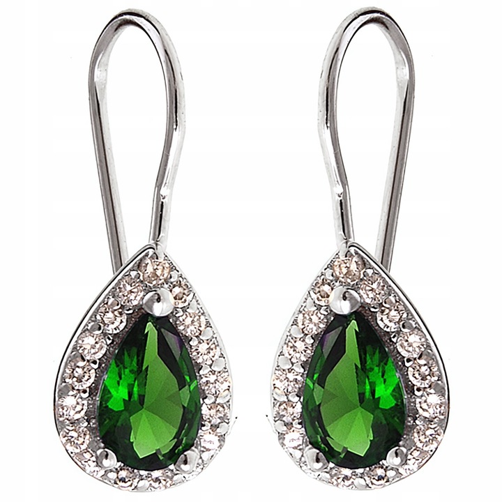 KLASYCZNE WISZĄCE RODOWANE SREBRNE KOLCZYKI ŁEZKI SZMARAGDOWE BIAŁE CYRKONI