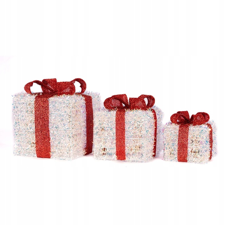 Świąteczne Pudełka Prezenty LED 3 szt. Dekoracja Boże Narodzenie Srebrne