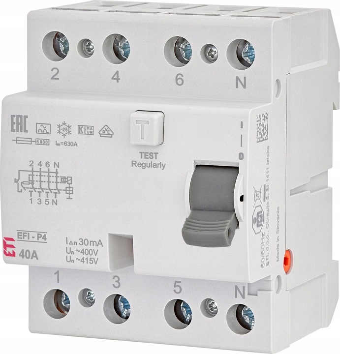 WYŁĄCZNIK RÓŻNICOWOPRĄDOWY 4P 40A typ A 30mA 6kA ETI EFI6-P4 002061662