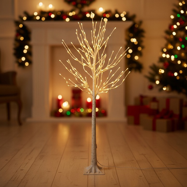 Drzewko Świąteczne Ozdobne Świecące LED BRZOZA 150 cm Lampki Białe Ciepłe