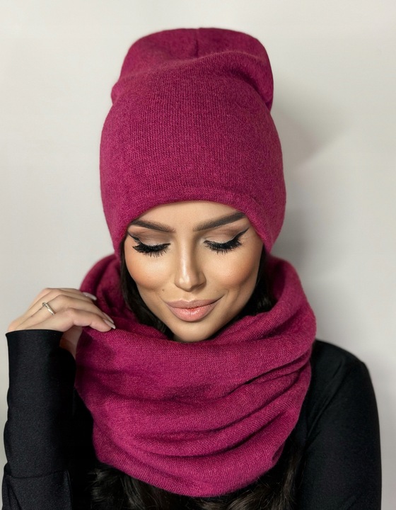 POLSKI KOMPLET DAMSKI KOBIECY ZIMOWY CZAPKA KOMIN DUŻY CIEPŁY JAGODOWY 2468