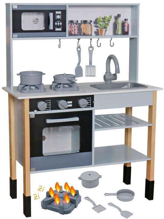 KUCHNIA DREWNIANA KUCHENKA DLA DZIECI AKCESORIA DŹWIĘK ŚWIECĄCE PALNIKI