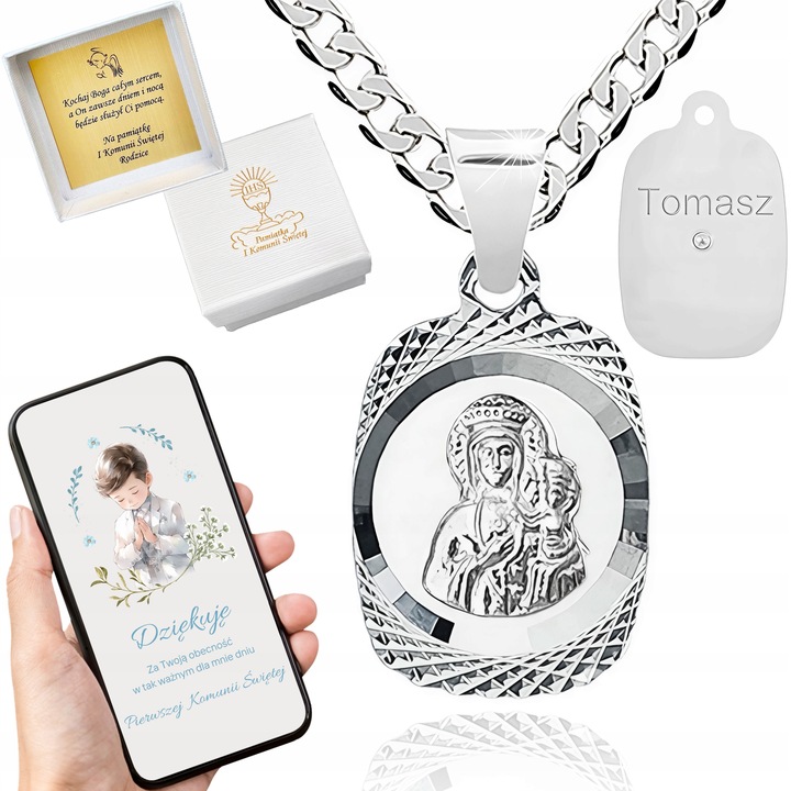 Medalik srebrny i łańcuszek Matka Boska próba 925 na Komunię Chrzest 50 cm