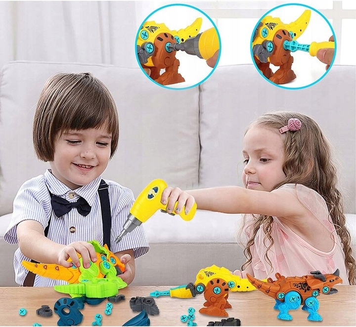 Klocki konstrukcyjne DINOZAURY do skręcania ZESTAW z wkrętarką śrubokrętem