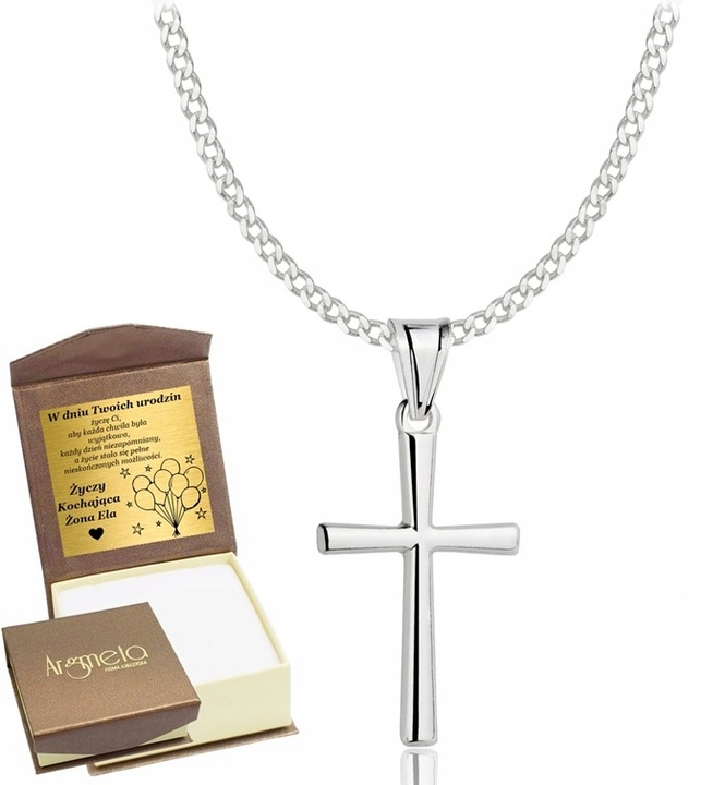 Łańcuszek Srebrny Pancerka Pełny Diamentowany Krzyżyk pr 925 Grawer Gratis