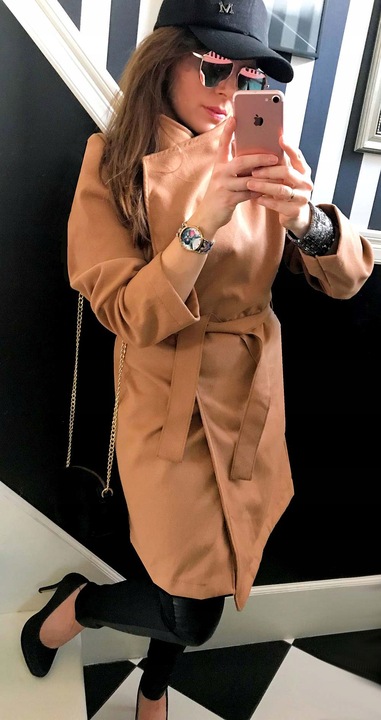 PŁASZCZ blogger KLASYCZNY klapy pasek CZERWONY