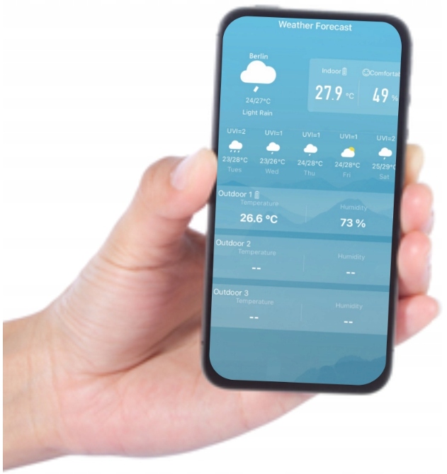 STACJA POGODY WiFi 3 CZUJNIKI UV hPa TEMP WILGOTNOŚĆ FAZY KSIĘŻYCA BUDZIK